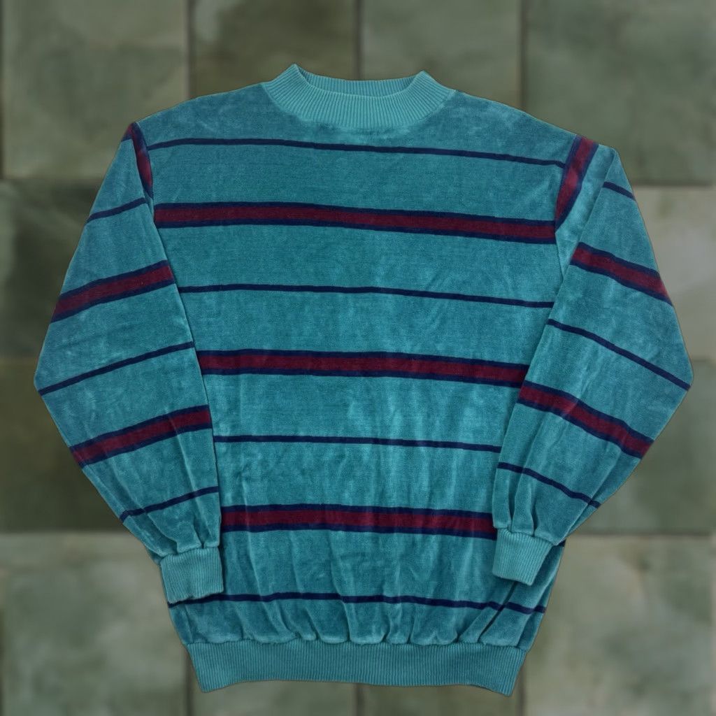 Velour VINTAGE Chesterfield Sweatshirt Adult Large Blue Striped Pullover 80s USA Mens Size US L / EU 52-54 / 3 - 1 Thumbnail