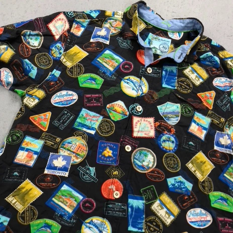 Tommy Bahama Tommy Bahama Shirt Mens Medium Black Passport Stamp Destination Camp Travel | Button-Up | Beach Theme | Casual Travel Shirt Mens M Black Size US M / EU 48-50 / 2 - 4 Thumbnail