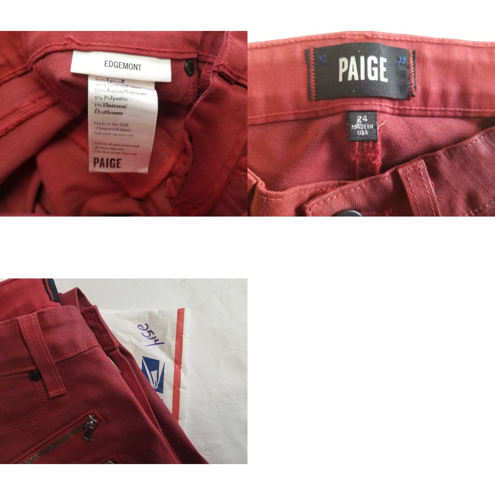 Paige Paige Jeans Women's Regular Slim Size 24 Red Biker 5-Pocket Denim Zip Pockets Stretch Made In USA Size 42" / US 20 - 8 Thumbnail