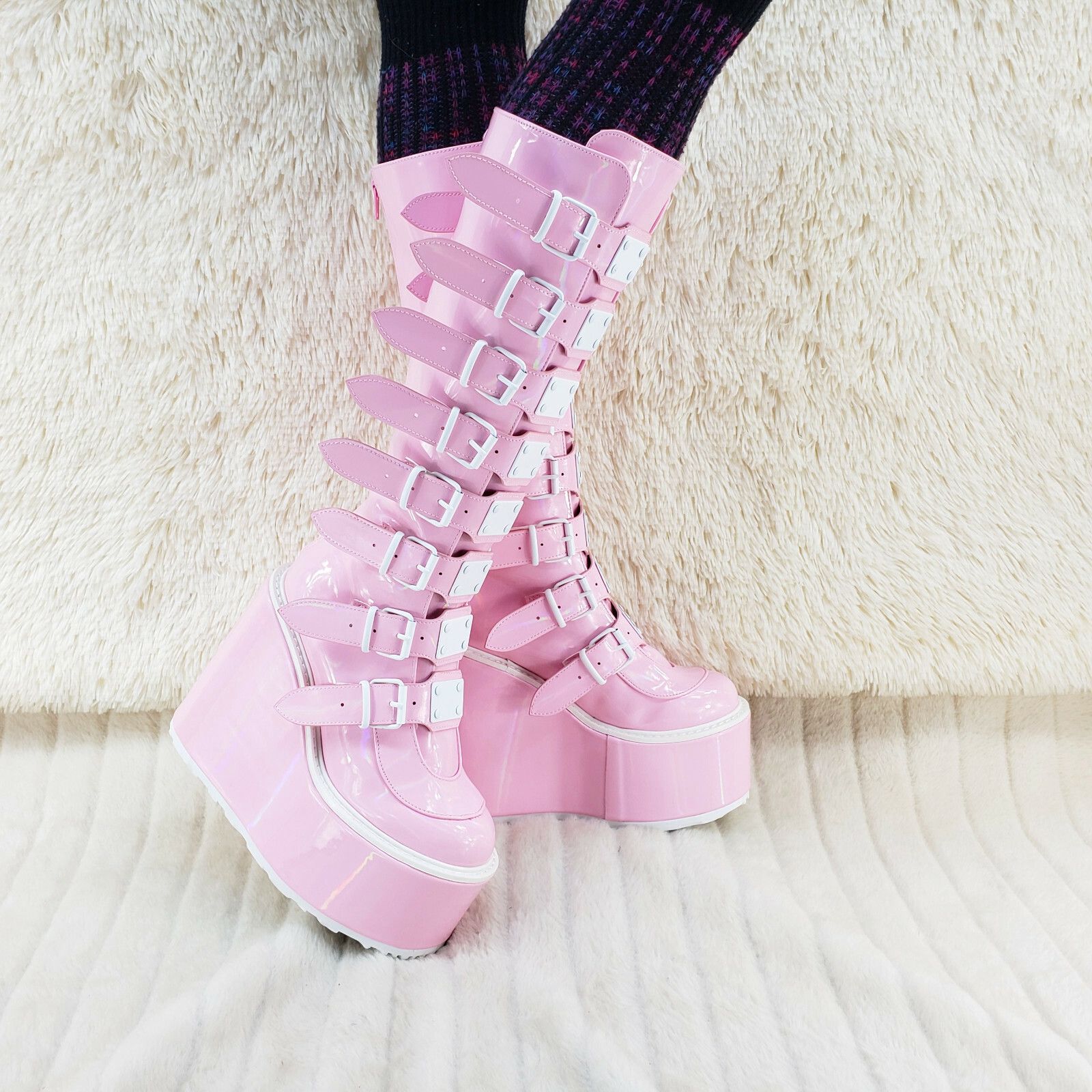 Demonia Cult DEMONIA Trinity Swing 815 Pink Hologram Patent Goth Knee Boo Size US 7 / IT 37 - 5 Thumbnail