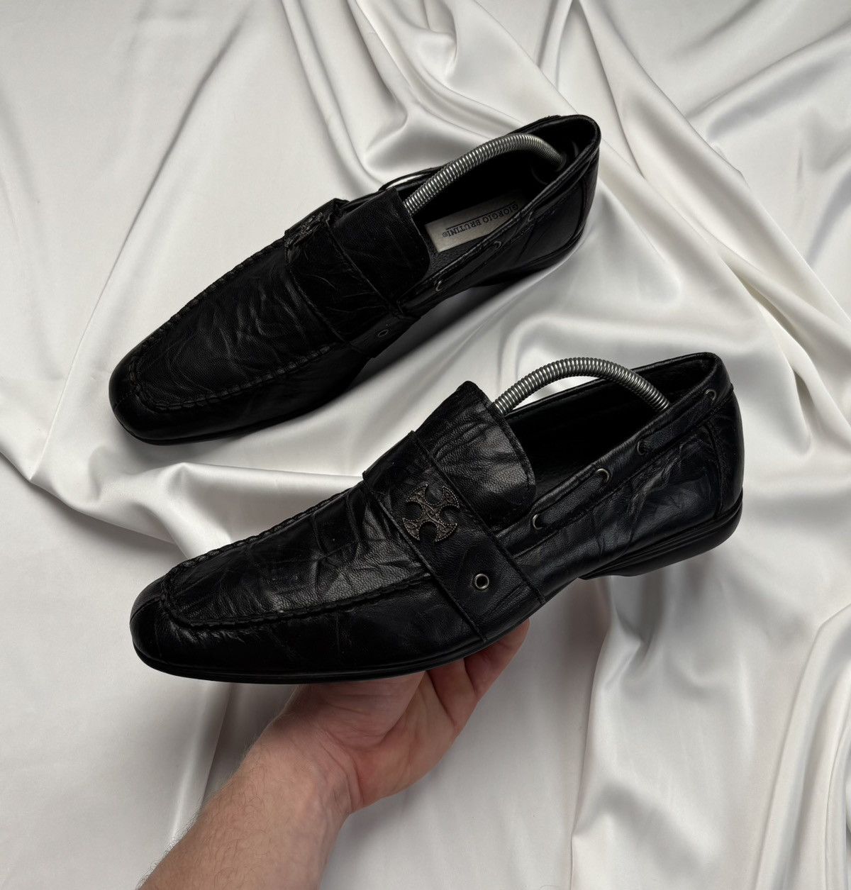 Avant Garde Giorgio Brutini Vintage Leather Shoes With Chrome Logo in Black, Men's (Size 10)