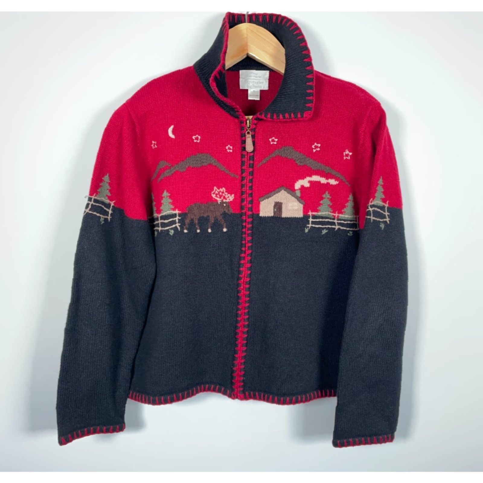 Vintage VINTAGE Hand Embroidered Scenic Nature Zip Cardigan Women's Large Black Red Moose 2002 Size L / US 10 / IT 46 - 2 Thumbnail