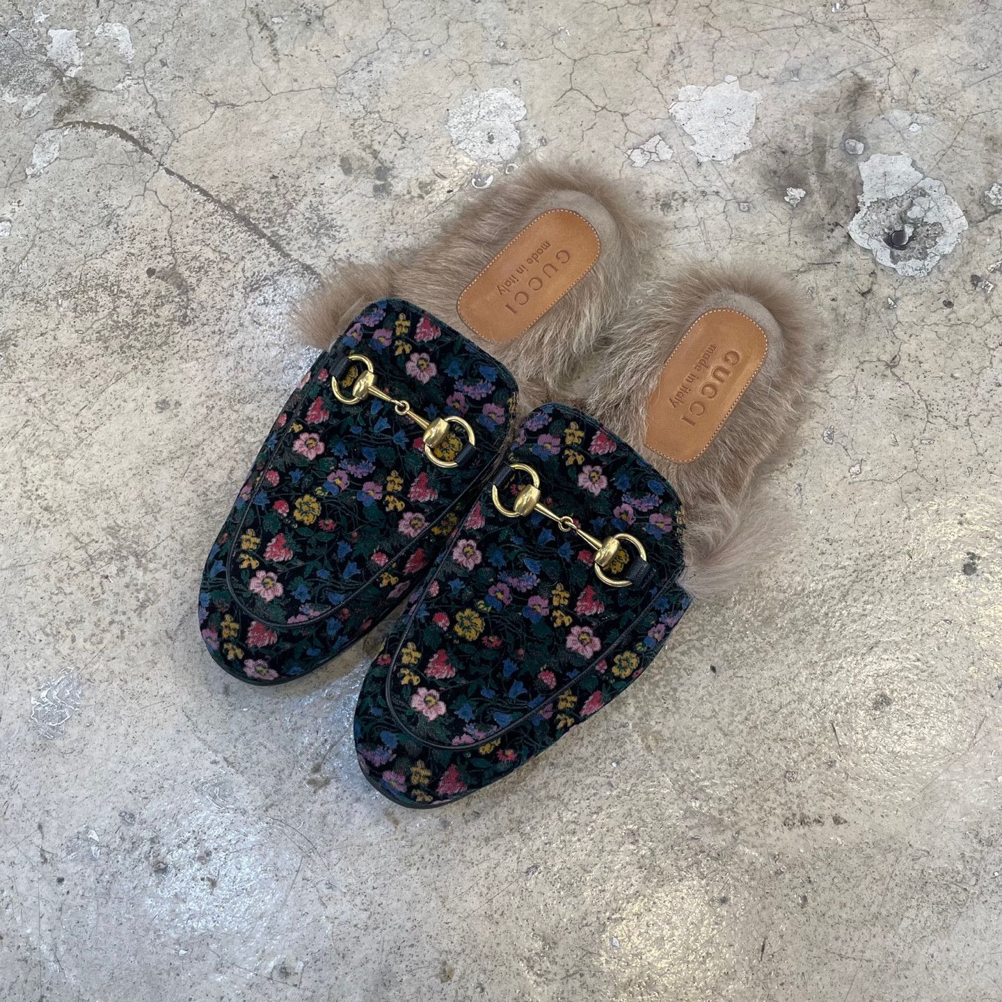 gucci floral princetown suede slippers
