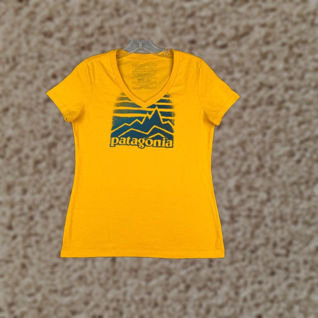 Patagonia Patagonia Shirt Women S Yellow Short Sleeve V-Neck Cotton Blend Distressed T-Shirt Casual Outdoor All Seasons Mens Womens Boys Girls Size S / US 4 / IT 40 - 1 Thumbnail