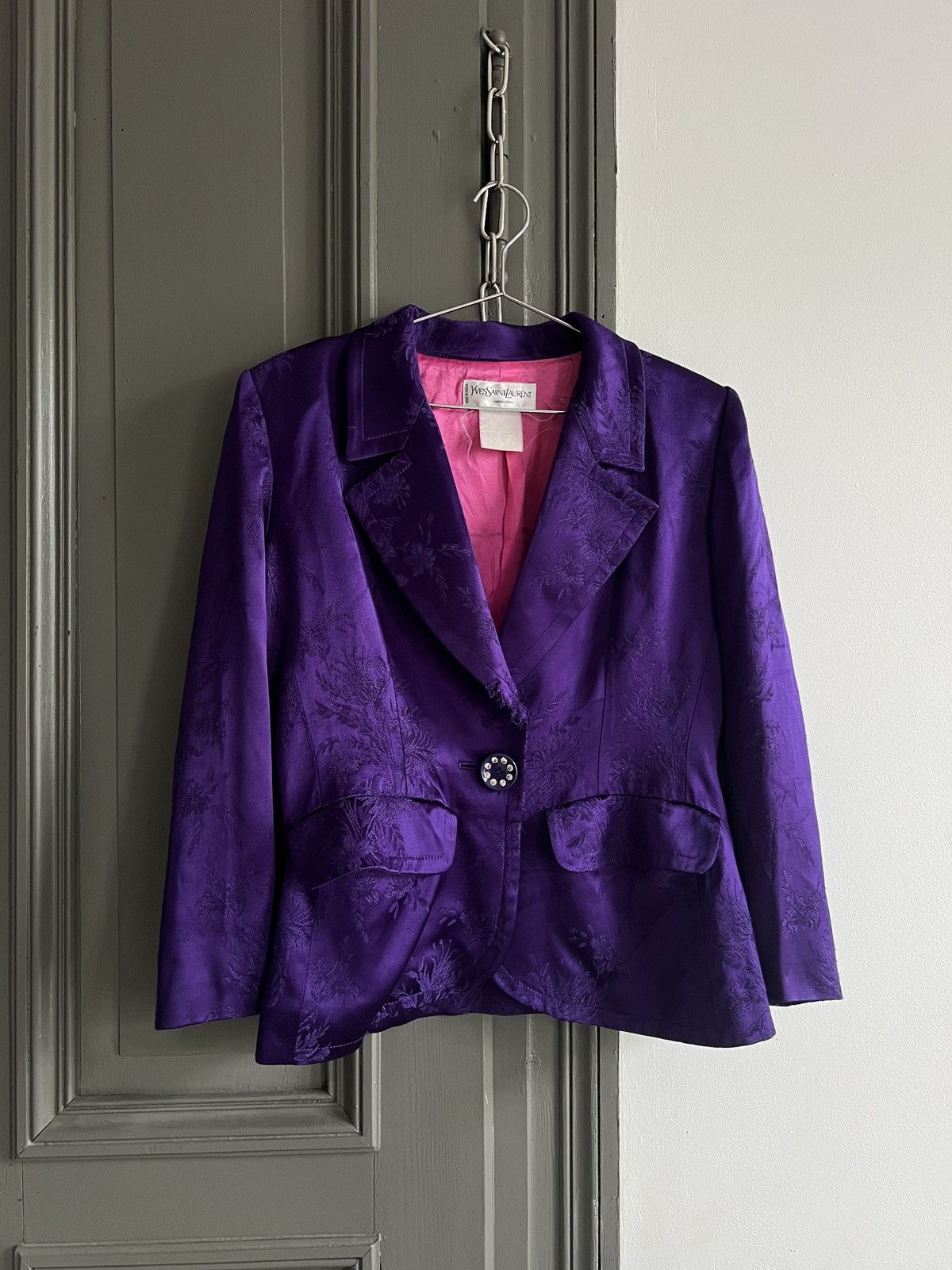Saint Laurent Paris × Vintage × Yves Saint Laurent Arcived 1988 Yves Saint Laurent Purple Satin Damask Blazer Size M / US 6-8 / IT 42-44 - 4 Thumbnail