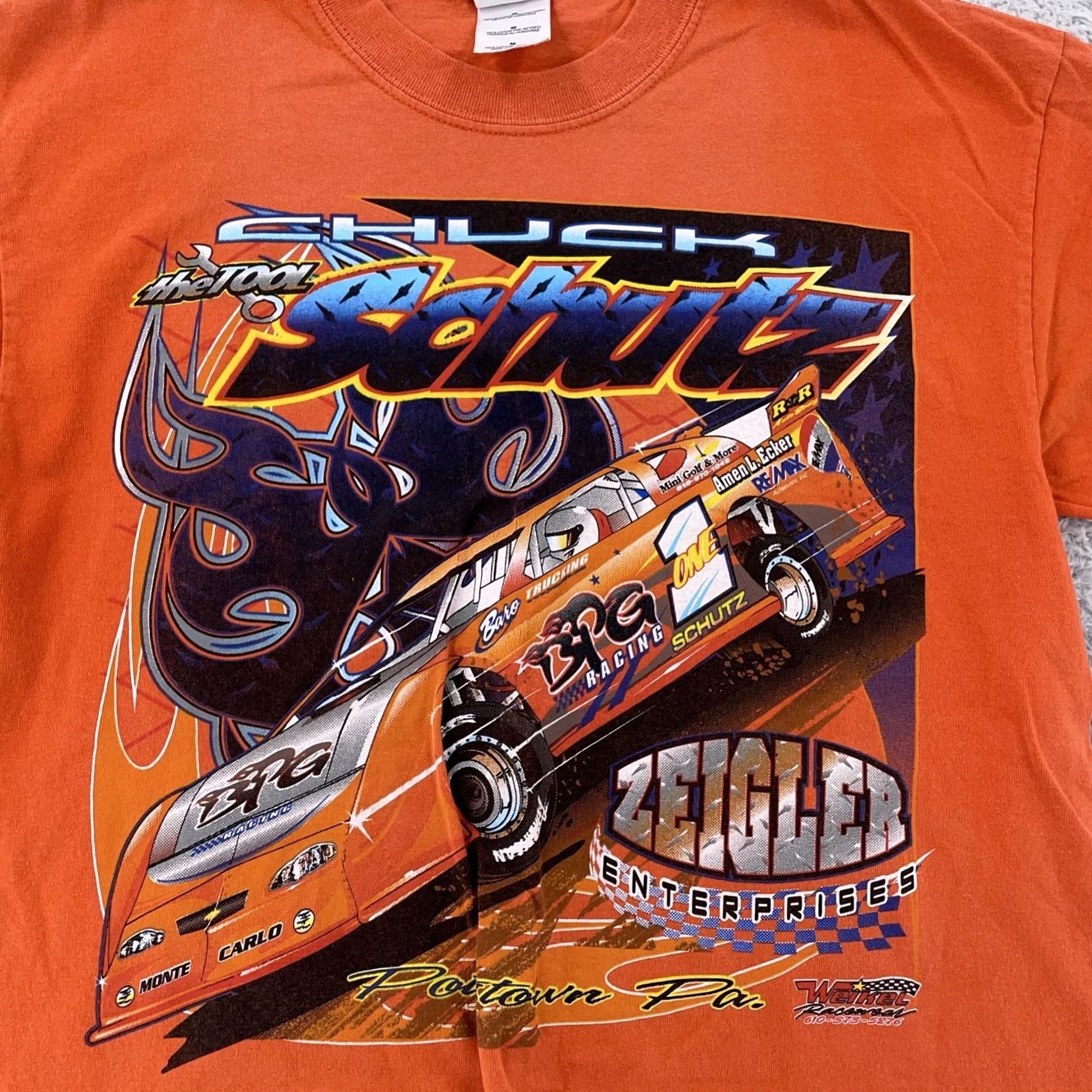 Gildan Gildan T-Shirt M Orange Chuck Schutz Racing Flames Zeigler Enterprises BPG Pennsylvania Vtg Racing Flames Graphic Print Crew Neck Short Sleeve Mens Size US M / EU 48-50 / 2 - 2 Thumbnail