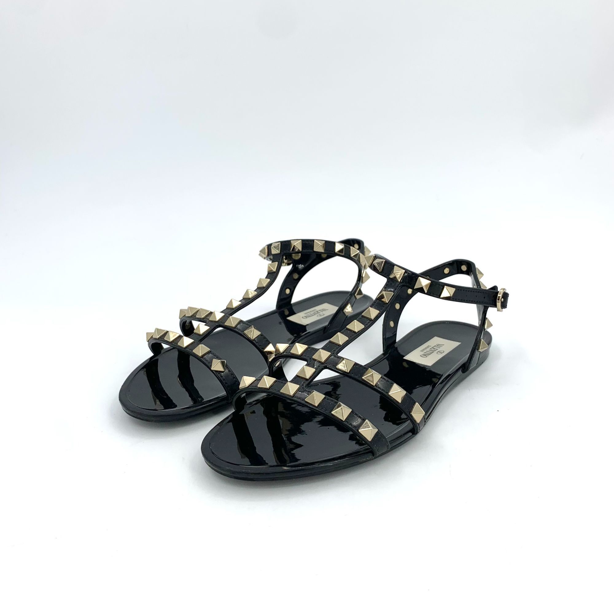 Valentino VALENTINO GARAVANI Black Patent Leather Rockstud Flat Sandal Size US 7 / IT 37 - 1 Thumbnail