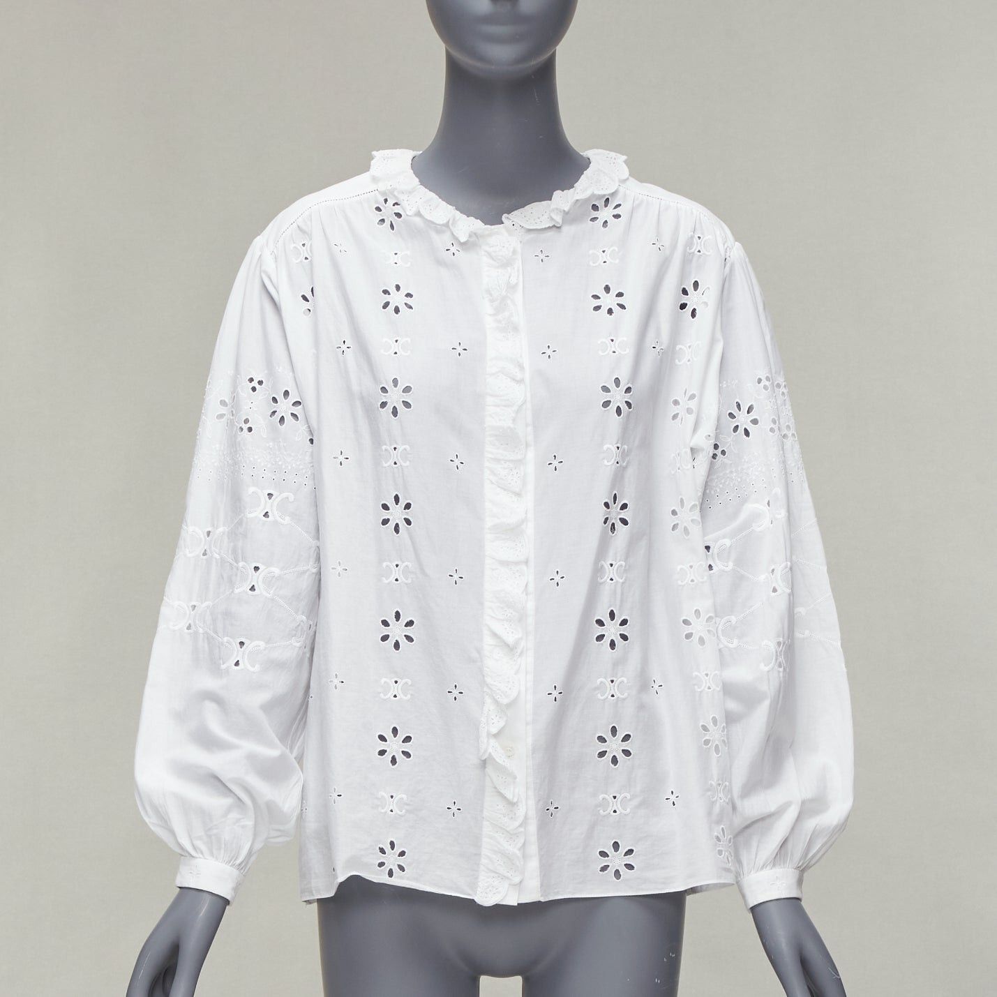 CELINE white triomphe logo lace eyelet embroidery peasant shirt FR40 L