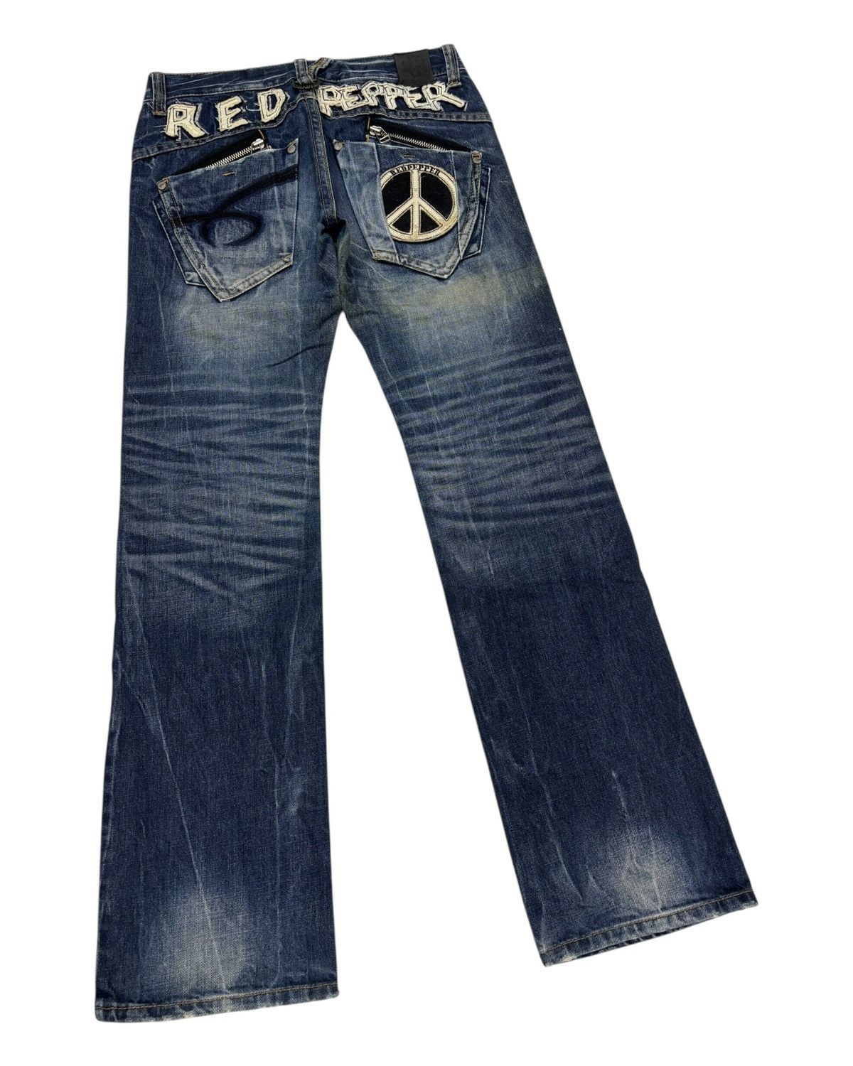 Tornado Mart 🔥RED PEPPER ☮️ EMBROIDERY FLARED JEANS DISTRESSED DENIM Size US 33 - 3 Thumbnail