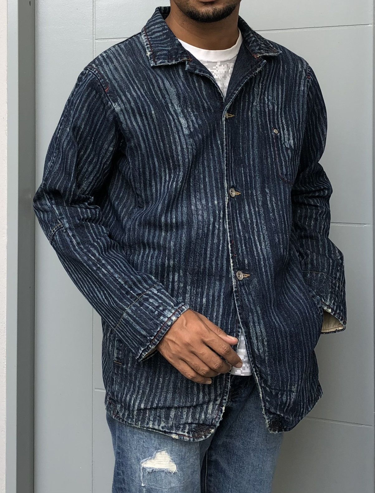 Japanese Brand Japanese Pwpl Riot Striped Indigo Workers Chore Denim Jacket Size US L / EU 52-54 / 3 - 1 Thumbnail