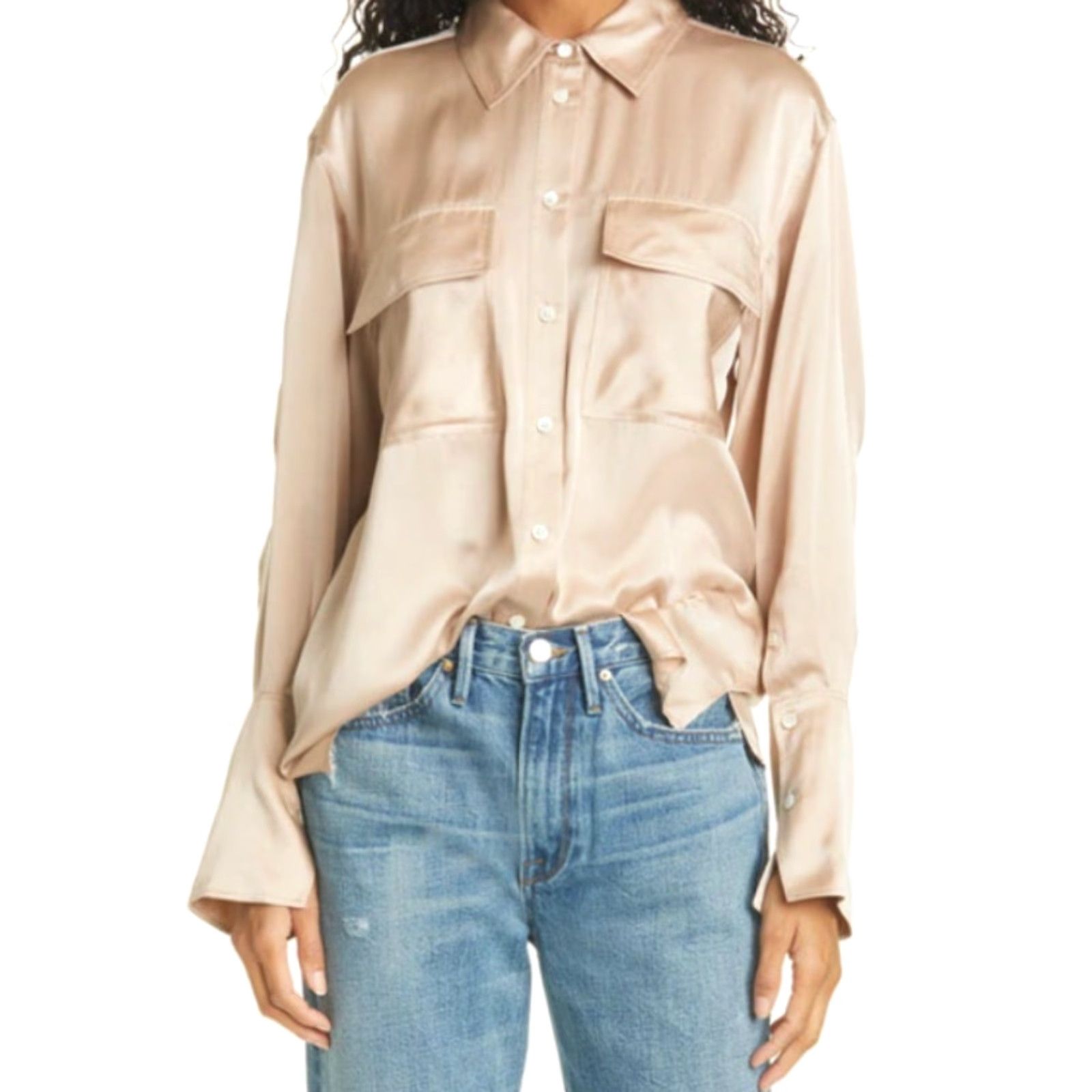 Frame VINTAGE FRAME Shirt Womens Small 100% Silk Button-Up Brown Regular L/S Pockets 90s? Size S / US 4 / IT 40 - 2 Thumbnail