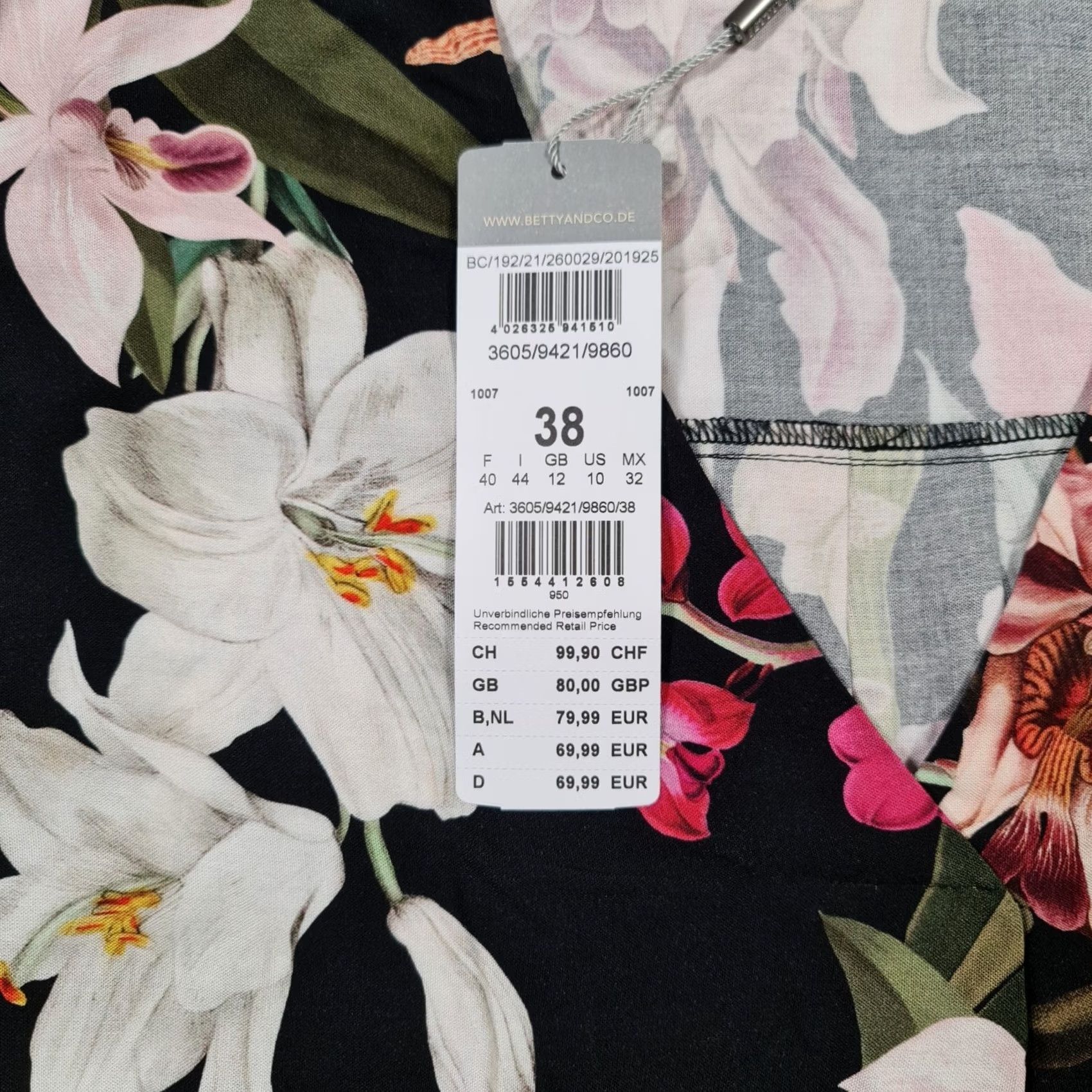 CO Betty & Co Blouse Black 12 UK Floral 3/4 Sleeve V-Neck Logo Womens Blouse Size XL / US 12-14 / IT 48-50 - 3 Thumbnail