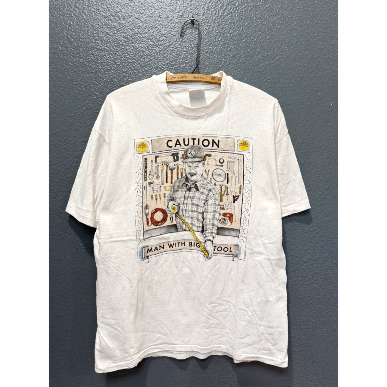 Hanes VINTAGE Hanes Man With Big Tool Dad White Tee Shirt L USA Made Mens Shirt Large 90s Size US L / EU 52-54 / 3 - 3 Thumbnail