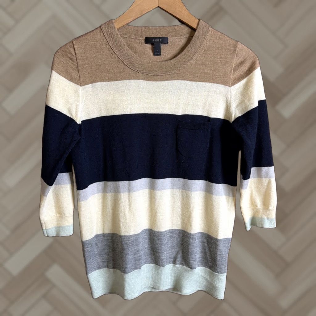 J.Crew J. Crew Womens Striped Small Merino Wool Sweater Beige Blue Pullover Multicolor Colorful Wool Pattern Womens Size S Clothing Size S / US 4 / IT 40 - 1 Thumbnail