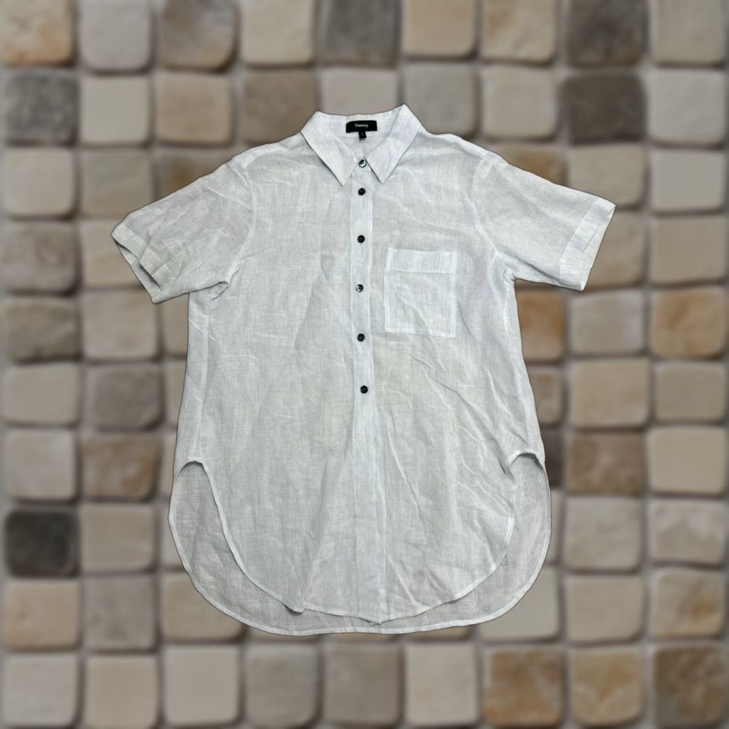 Theory Theory Shirt Womens Small White Linen Curved Hem Button Up Size S / US 4 / IT 40 - 1 Thumbnail