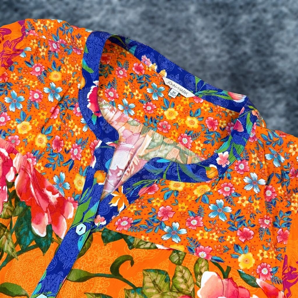 Vintage VINTAGE John Mark Island Dreaming Blouse Womens 3X Large Orange Floral Tie Front NWT Size XXL / US 16-18 / IT 52-54 - 1 Thumbnail