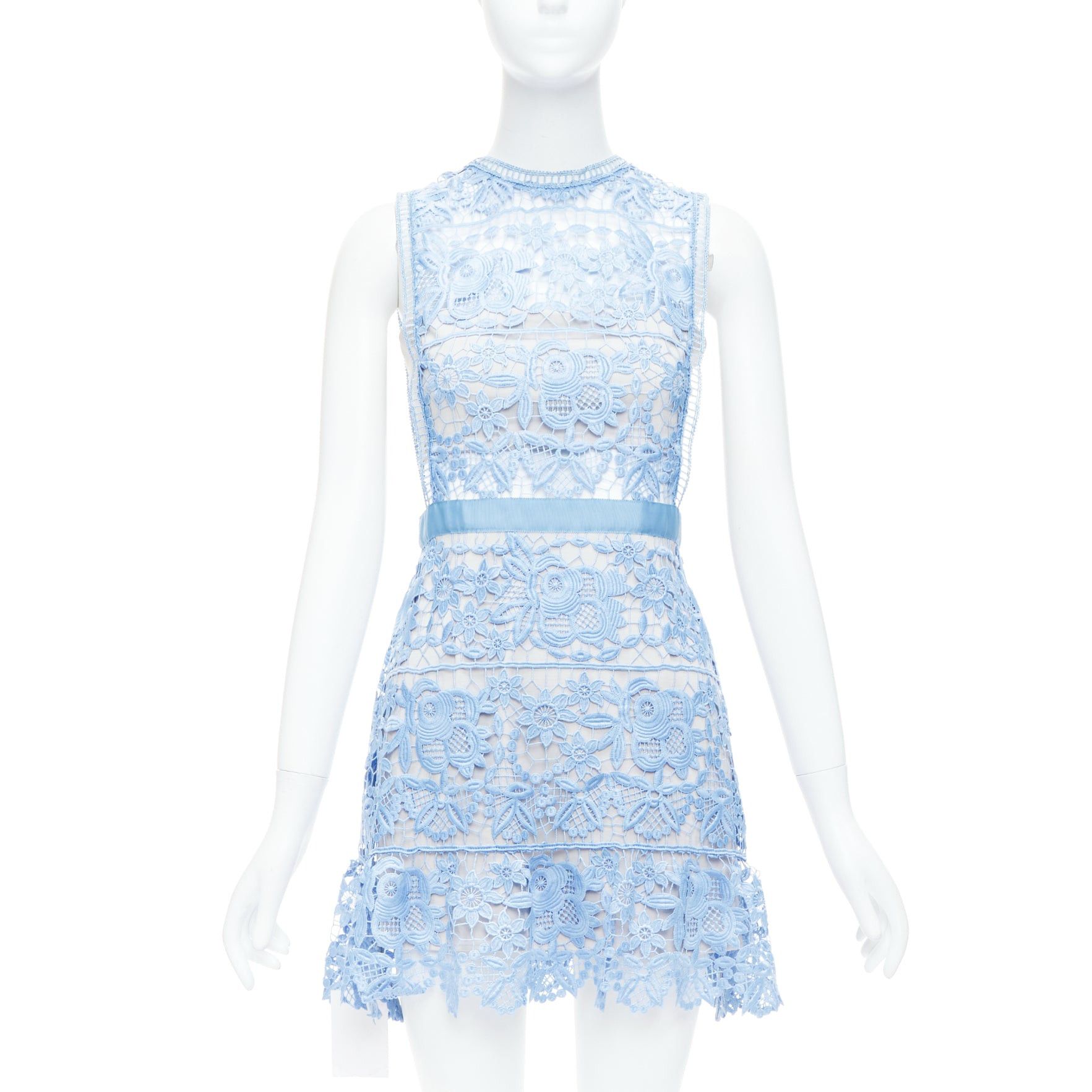 Self-Portrait SELF PORTRAIT Lace Peplum blue floral eyelet overlay mini dress UK8 S Size M / US 6-8 / IT 42-44 - 1 Thumbnail