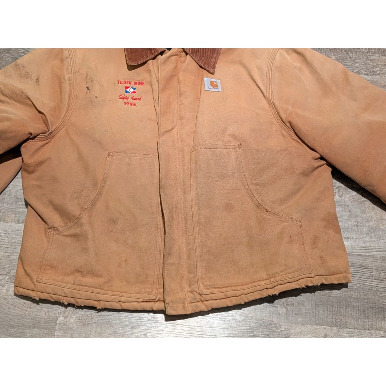 Carhartt VINTAGE Carhartt J02 Detroit Canvas Workwear Jacket XL/2XL Brown 90s USA Embroidered Logo Full Zip Pockets Corduroy Collar Quilt Lined Mid-Length Men Size US XL / EU 56 / 4 - 7 Thumbnail