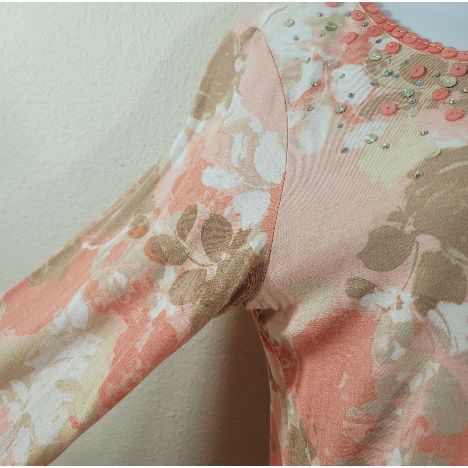 Other Ruby Rd Pink Salmon Floral Print Beaded Sequin Bodice Medium Size M / US 6-8 / IT 42-44 - 7 Thumbnail