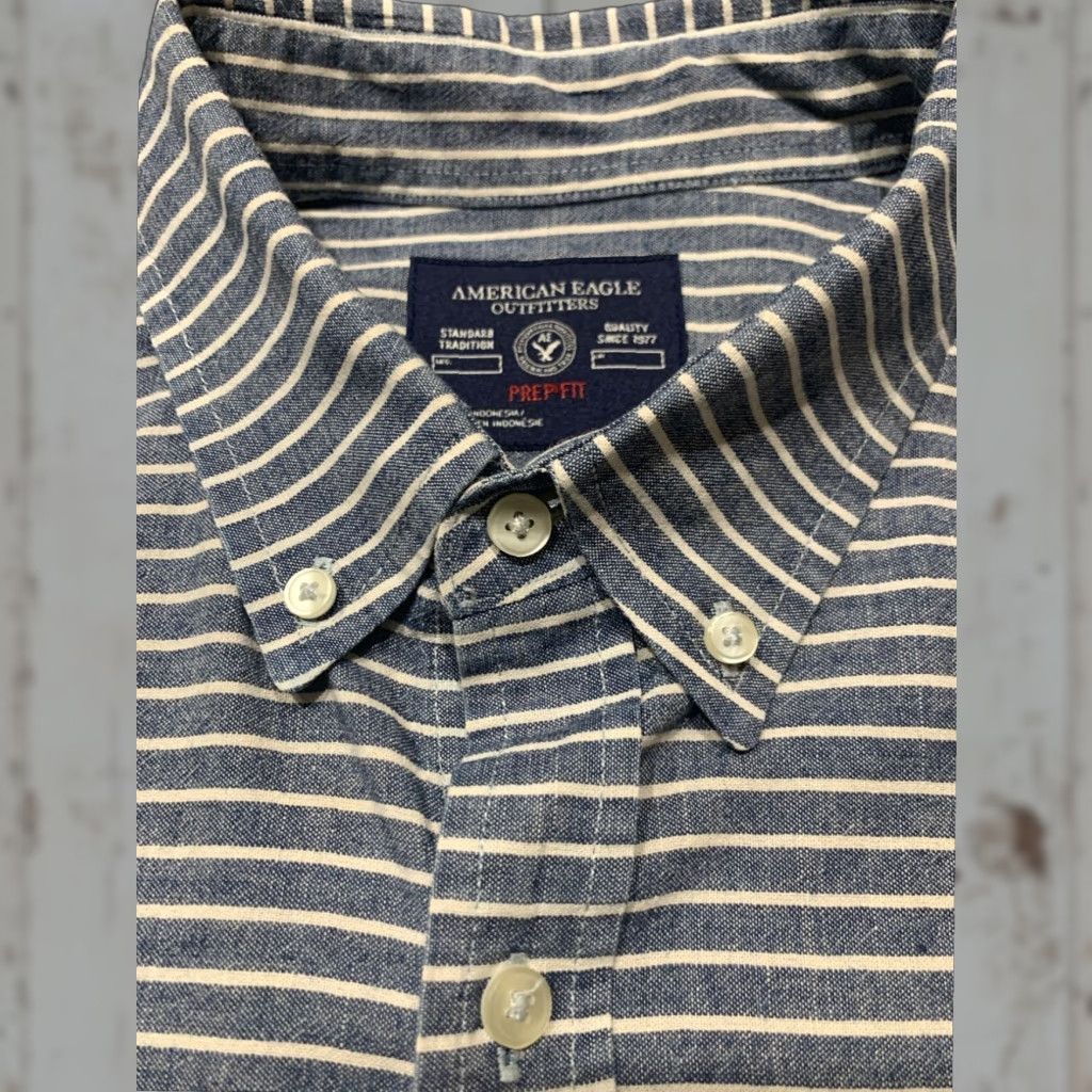American Eagle Outfitters American Eagle Outfitters Prep Fit Button Up Shirt Mens Large Blue Striped Long Sleeve Size US L / EU 52-54 / 3 - 1 Thumbnail