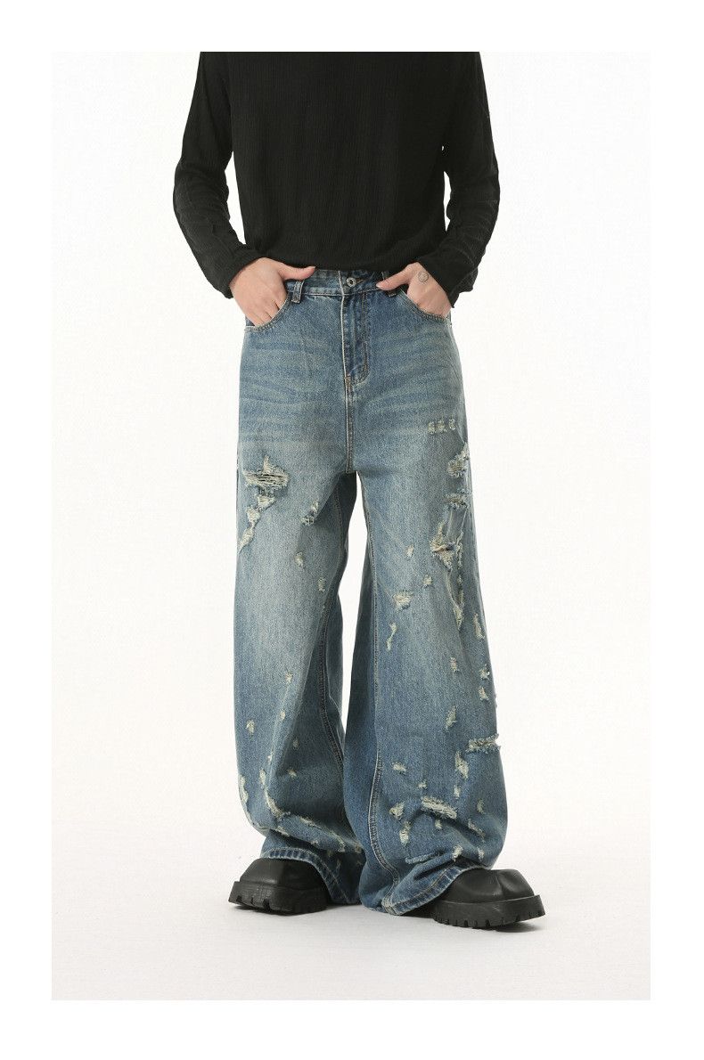 Vintage Men's irregular ripped street straight leg distressed jeans Size US 32 / EU 48 - 1 Thumbnail