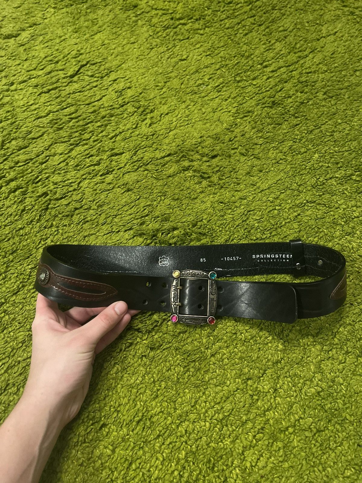 Cowboy Equipment × Genuine Leather × Vintage 💎 Western Cowboy style real leather rhinestones buckle belt Size 32 - 1 Thumbnail