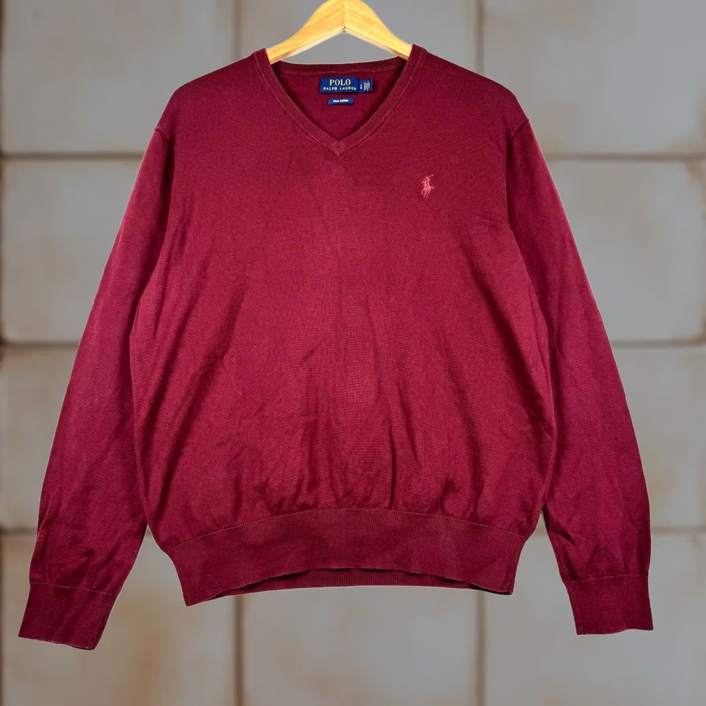 Polo Ralph Lauren Polo Ralph Lauren Sweater Pullover V-Neck Long Sleeve Red Maroon Cotton Knit Regular Men L Adult Mens Size US L / EU 52-54 / 3 - 1 Thumbnail