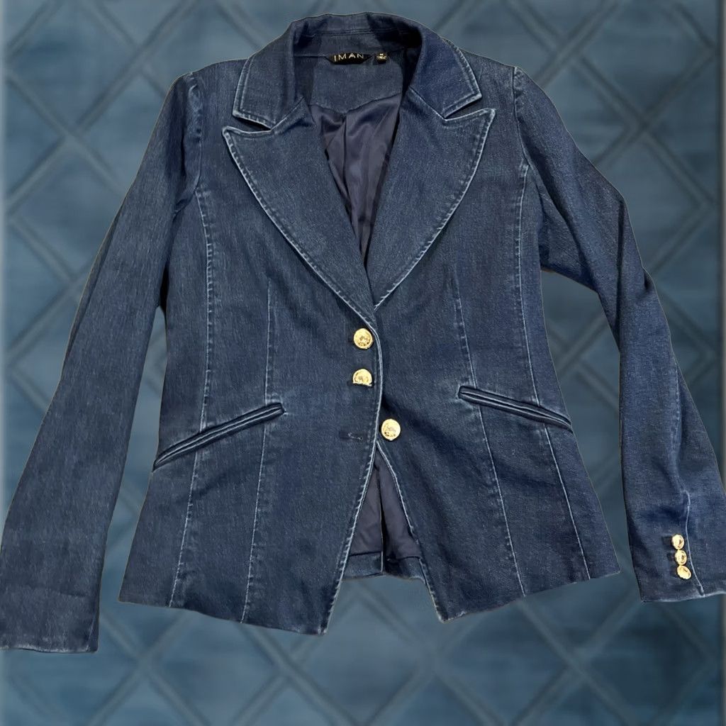 Vintage IMAN Denim Blazer Womens Regular Medium Black Cotton Gold Buttons Wide Lapel Mid-Length Button Slip On Blazer, Denim, Jacket, Coat - IMAN Global Chic Size M / US 6-8 / IT 42-44 - 1 Thumbnail