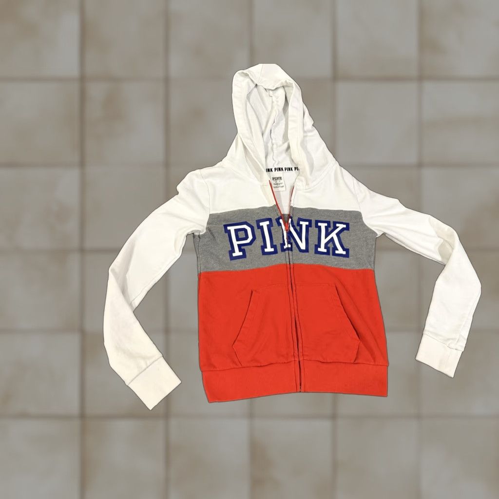 Pinko PINK Victoria's Secret Hoodie Juniors XS White Gray Red Colorblock Full Zip Logo Size XS / US 0-2 / IT 36-38 - 1 Thumbnail