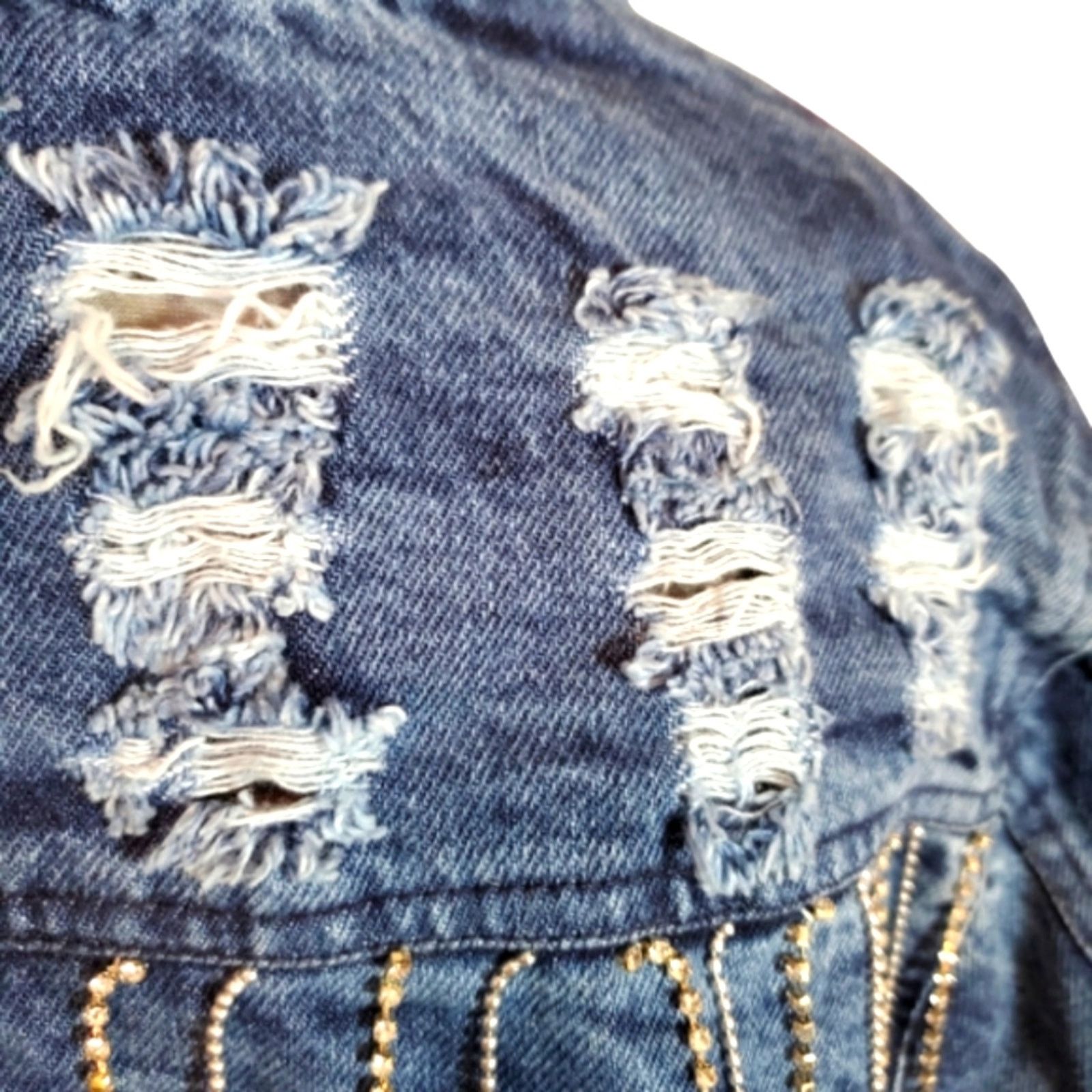THRILLS DISRESSED ☆ RHINESTONE FRINGE ☆ DENIM SHRUG 2x ☆ NWT Size XXL / US 16-18 / IT 52-54 - 6 Thumbnail
