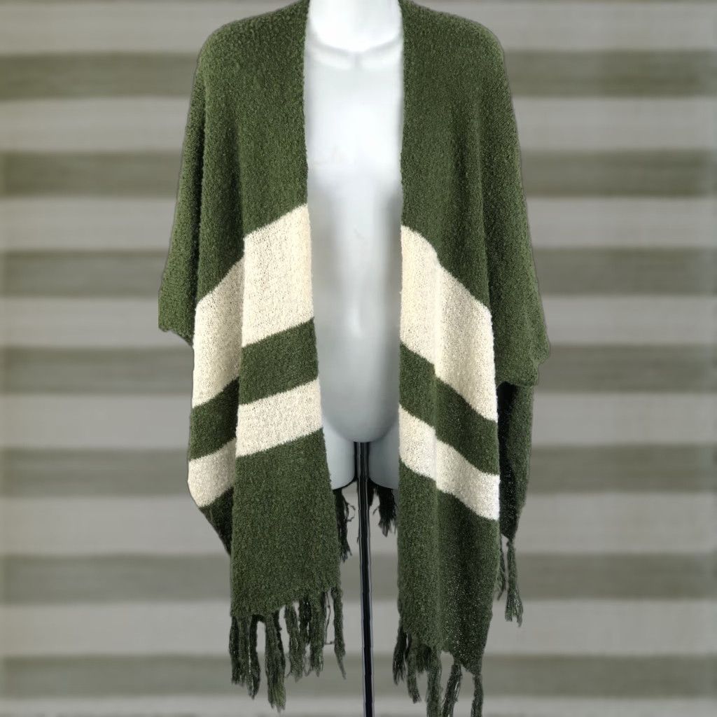 Vintage VINTAGE Green/Ivory Tassel Fringe Knit Shawl Wrap One Size Women Bohemian Hippie Cozy Wrap Size ONE SIZE - 1 Thumbnail