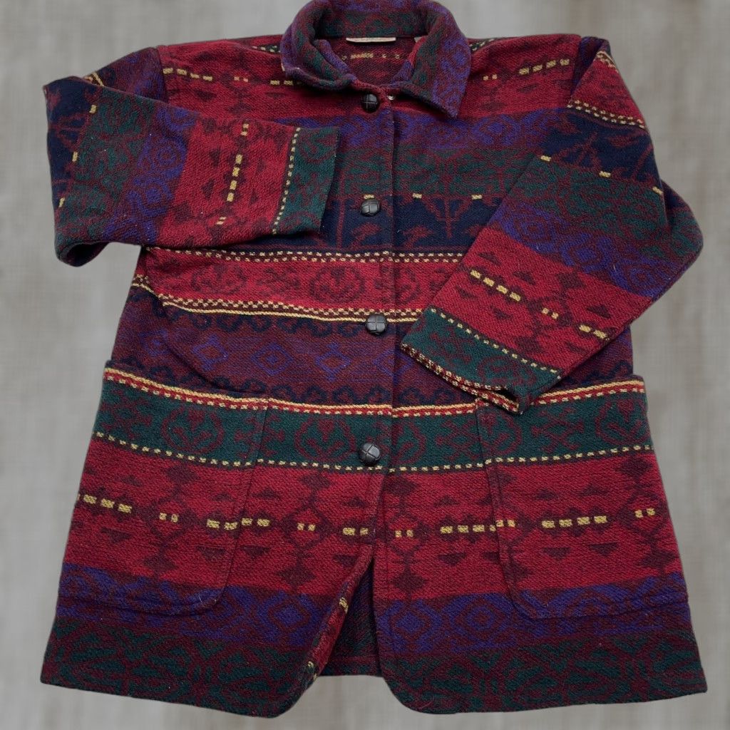 VINTAGE Roo Crossing Jacket Women M Petite Red Wool Southwestern Aztec Y2K Embroidered Zipper All Seasons Mid-Length