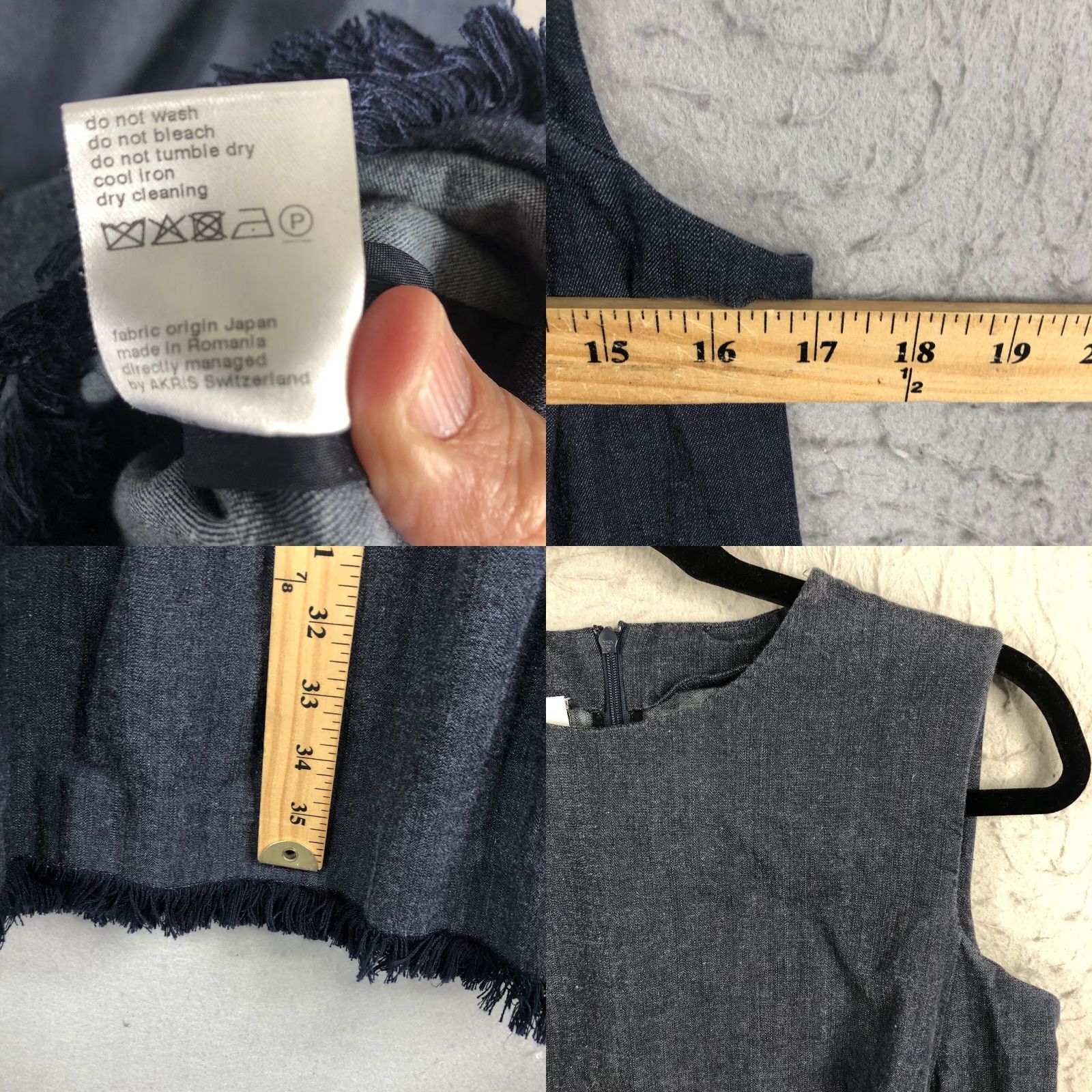 Vintage Akris Punto Dress Womens 10 Blue Denim Stretch Ruffle Raw Hem Shift Knee Length Size L / US 10 / IT 46 - 8 Thumbnail