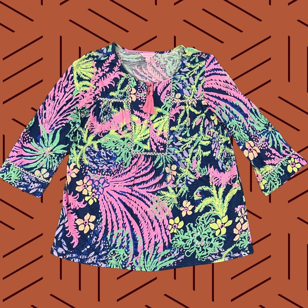 Lilly Pulitzer Lilly Pulitzer Tunic Blouse Womens Medium Multicolor Floral Tasseled Casual 3/4 Sleeve Size M / US 6-8 / IT 42-44 - 1 Thumbnail