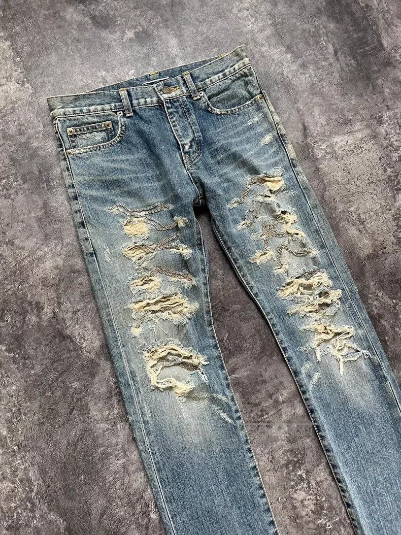 Saint Laurent Paris Saint Laurent Paris Blue Washed Destroyed Chain Link Denim Size US 29 - 2 Thumbnail