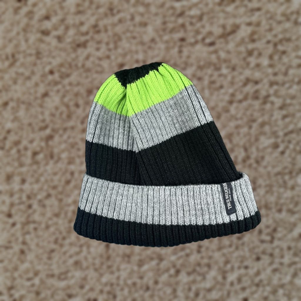 True Religion True Religion Beanie Toque One Size Adult Black Knit Striped Acrylic Hat Beanie Mens Womens Unisex Accessories Size ONE SIZE - 1 Thumbnail
