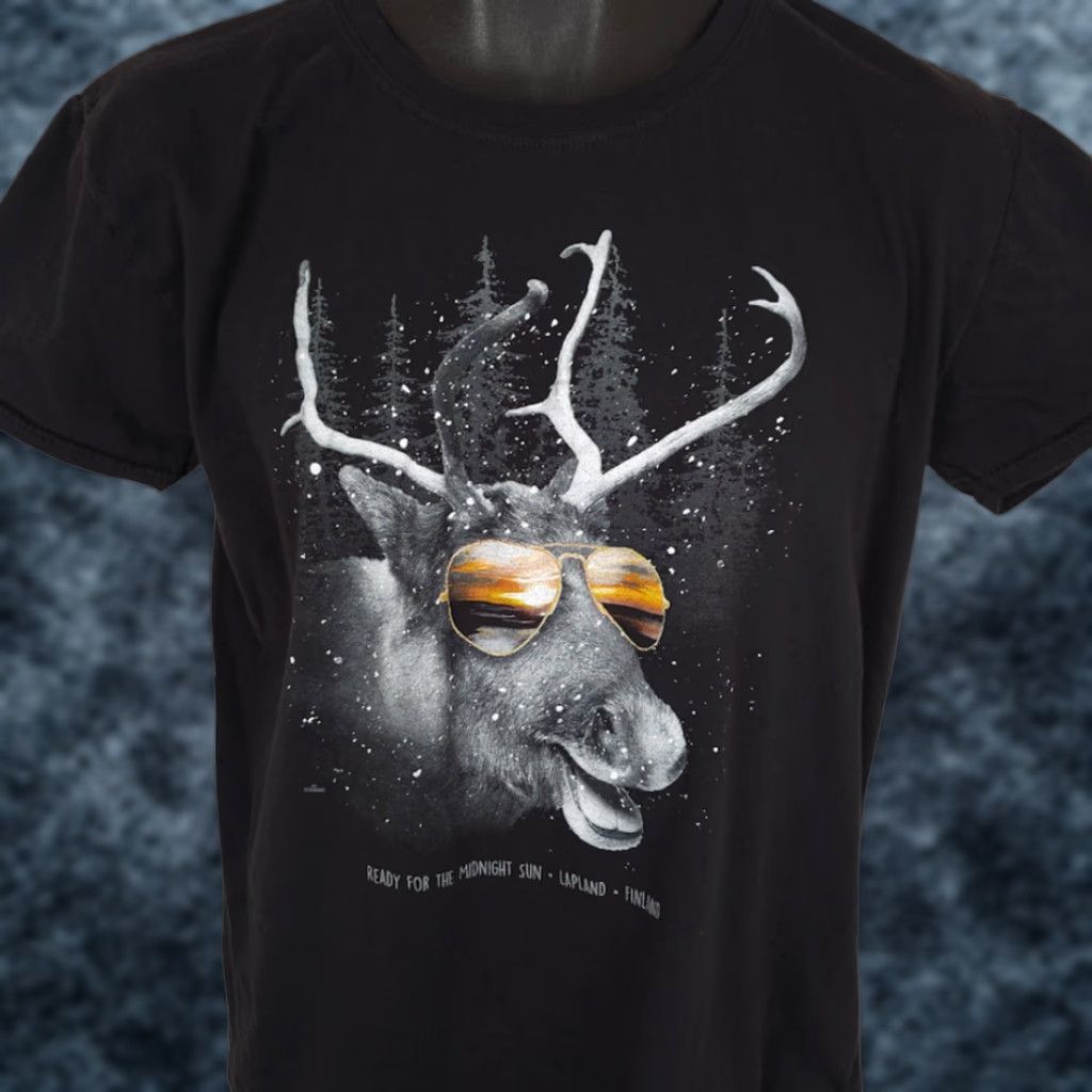 Fruit Of The Loom VINTAGE Lapland Finland T Shirt Mens Size Medium Black Midnight Sun Reindeer Size US M / EU 48-50 / 2 - 1 Thumbnail