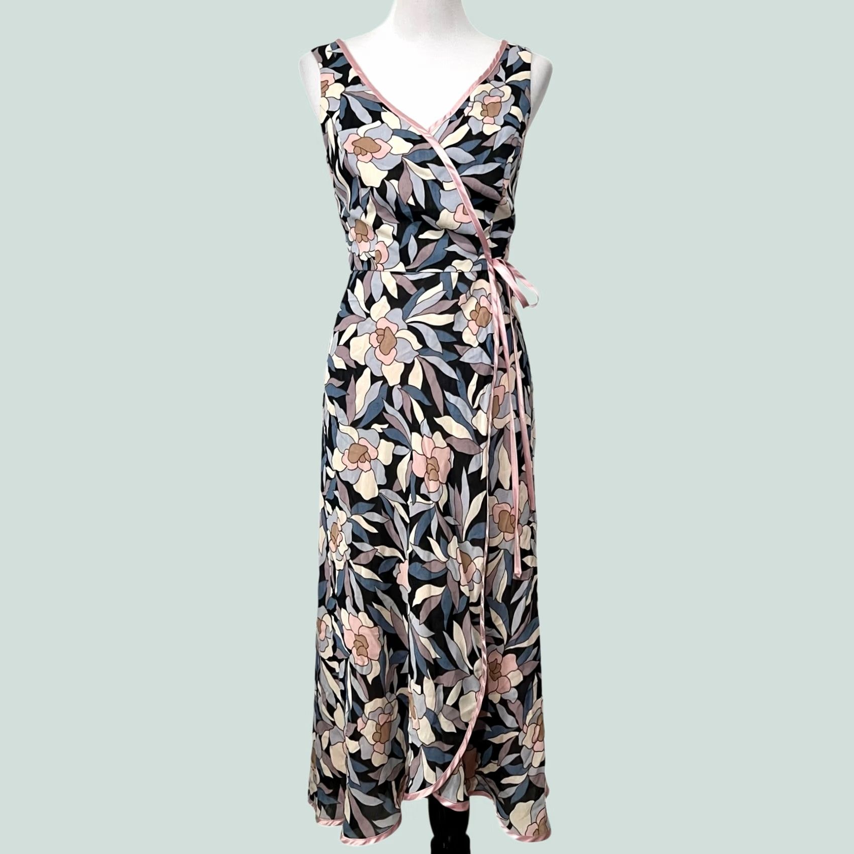 Vintage Vintage Moods Floral Wrap Dress Sleeveless Midi Pink Blue Crepe Size 4 Lined Womens Size S / US 4 / IT 40 - 1 Thumbnail
