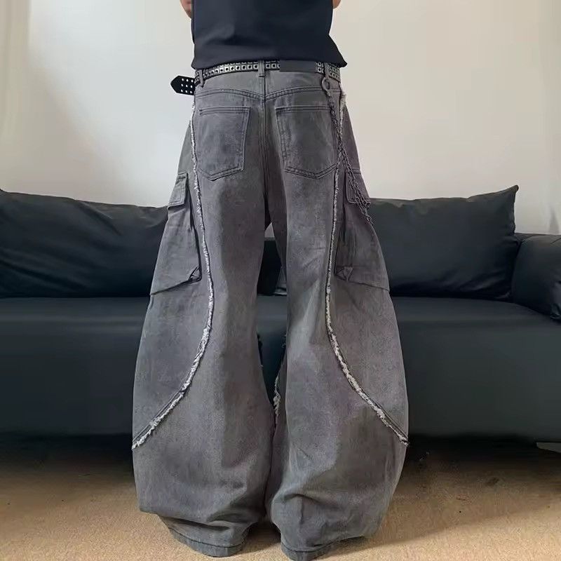 Jean Washed Y2k Streetwear Wide Leg Baggy Distressed Jeans Size US 29 - 3 Thumbnail