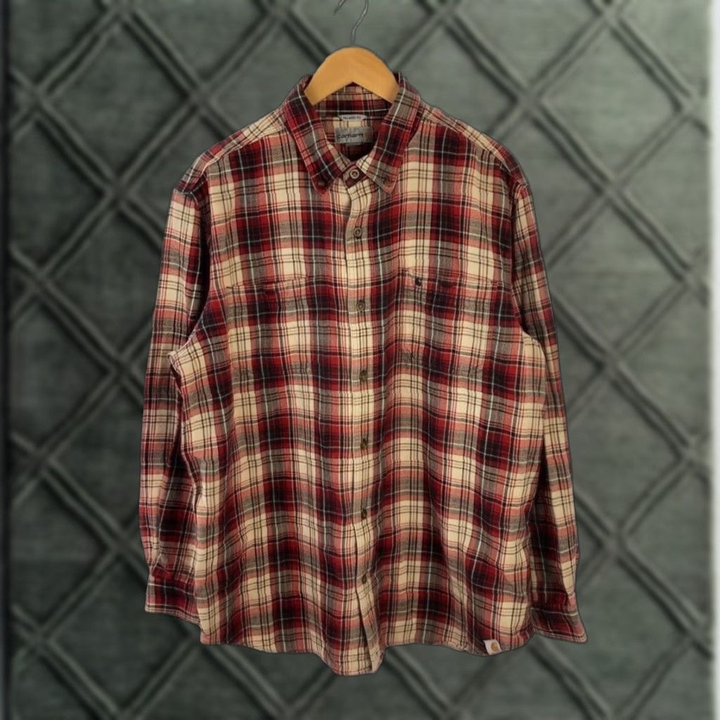 Carhartt VINTAGE Carhartt Long Sleeve Plaid Flannel Shirt Red Beige XL Relaxed Fit 101295 608 EUC Size US XL / EU 56 / 4 - 1 Thumbnail
