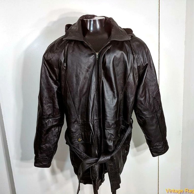 image of Vintage Connection Leather Coat Jacket Mens Size M Black Belted W/ Liner Hooded in White