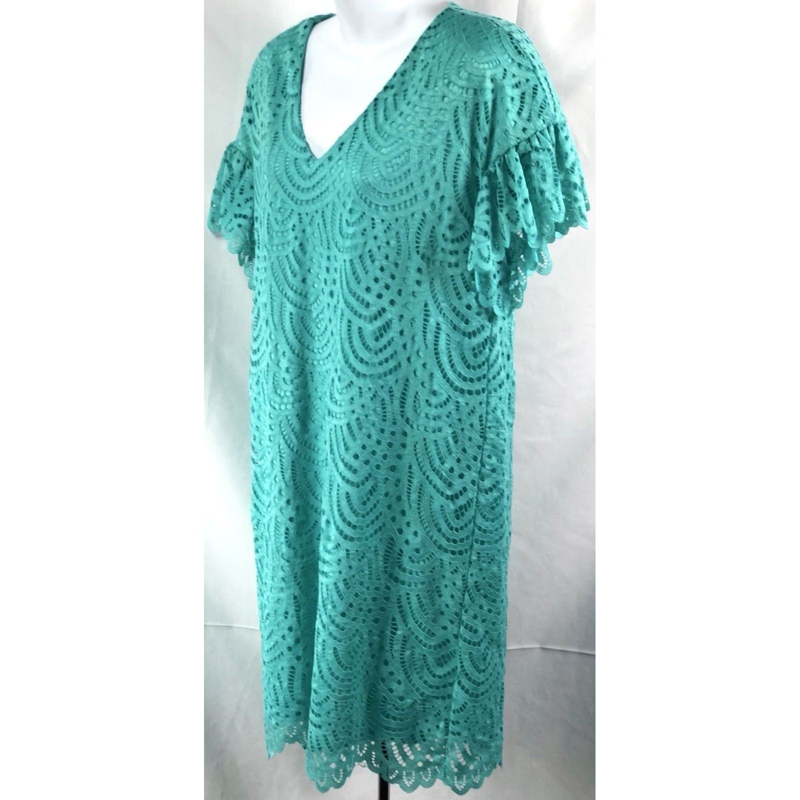 Worthington NWT Worthington dress S aqua V-Neck Flutter Short Sleeve Knee Length Scallop Hem Cut Out Lace Dress Womens Size S / US 4 / IT 40 - 3 Thumbnail