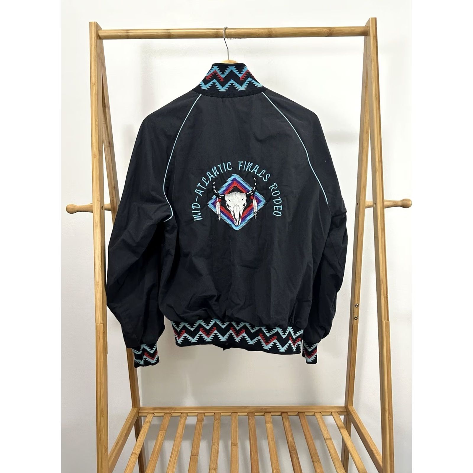 Vintage VTG 80s Mid-Atlantic Finals Rodeo Aztec Bold Western Cowboy Bomber Jacket M Mens Black X West Ark Jacket Size US M / EU 48-50 / 2 - 2 Thumbnail