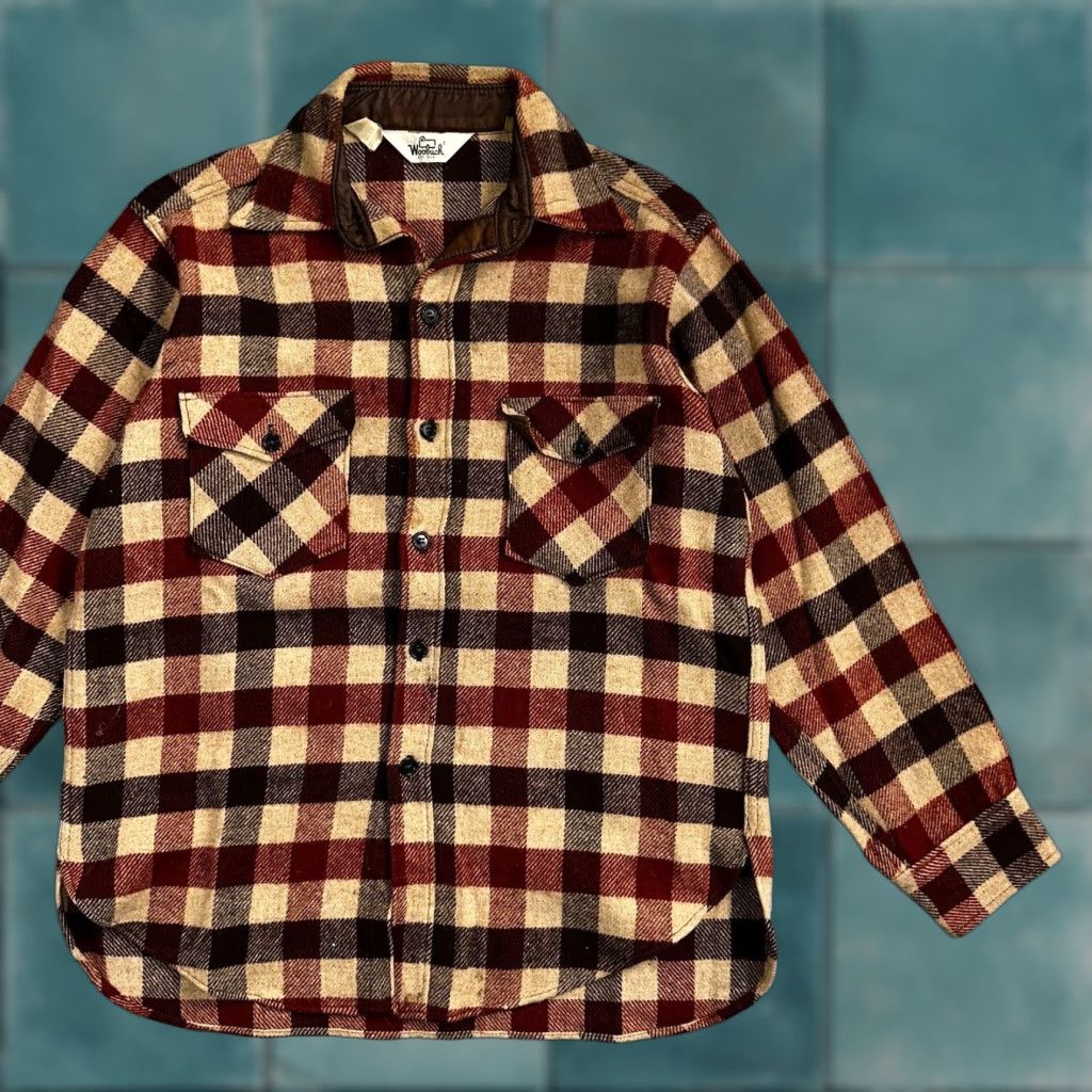 VINTAGE Woolrich Shirt Jacket Plaid Wool 70s Mens XL Brown Red Button-Up Flannel Buffalo Lumberjack 70s Mens