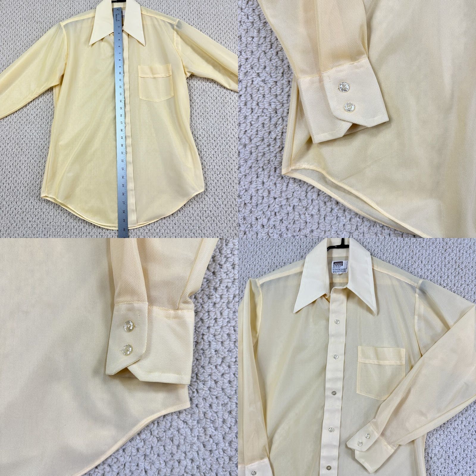 Vintage VINTAGE Montgomery Ward Shirt Men 15-33 Yellow Disco Sheer Lightweight Dagger Collar Button-Front Long Sleeve 1970s Mod Hippie Disco Clubwear Mens Size US M / EU 48-50 / 2 - 8 Thumbnail