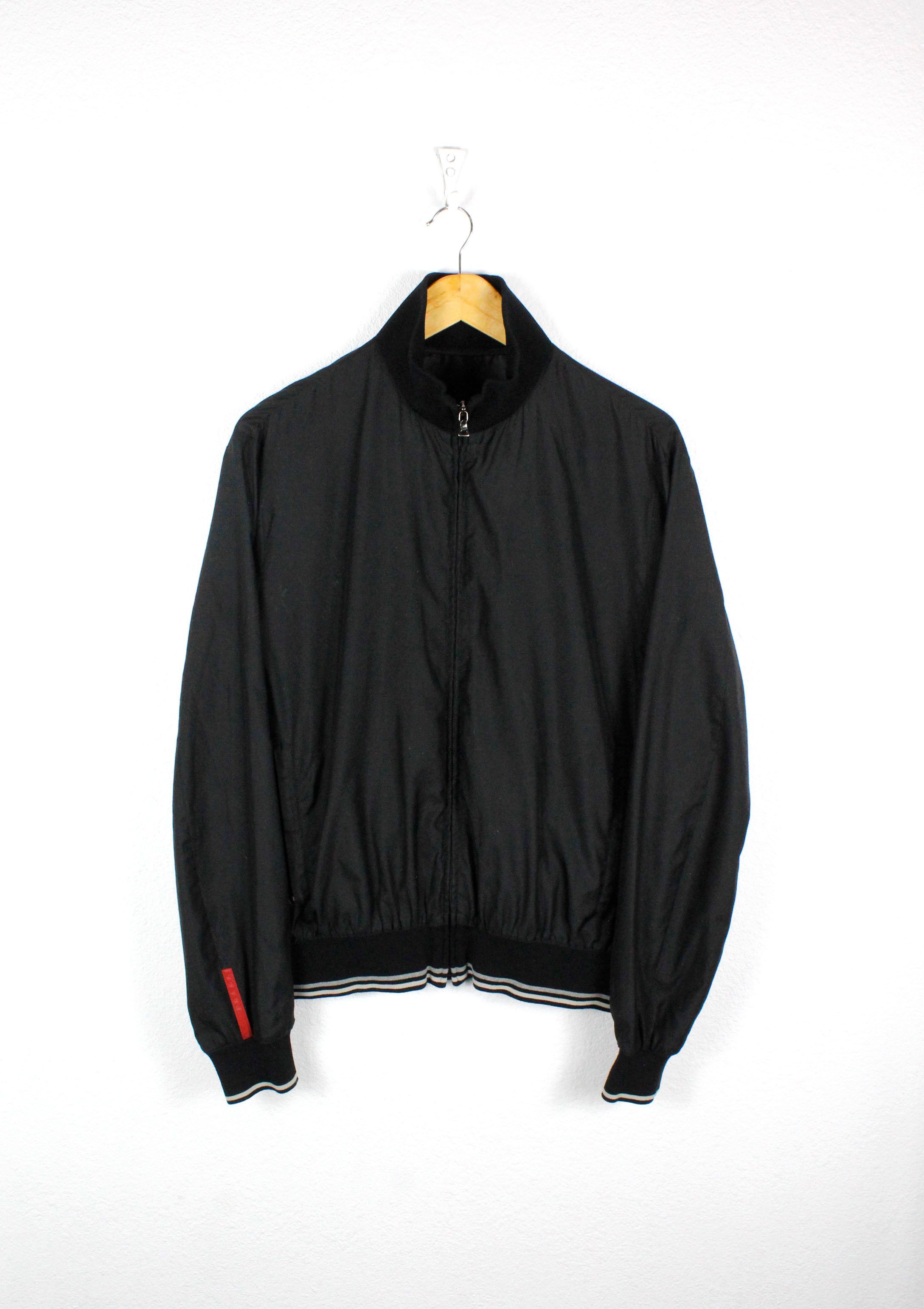 Pre-owned Archival Clothing X Avant Garde Vintage Prada Red Tab Logo Sleeve Track Bomber Jacket In Black