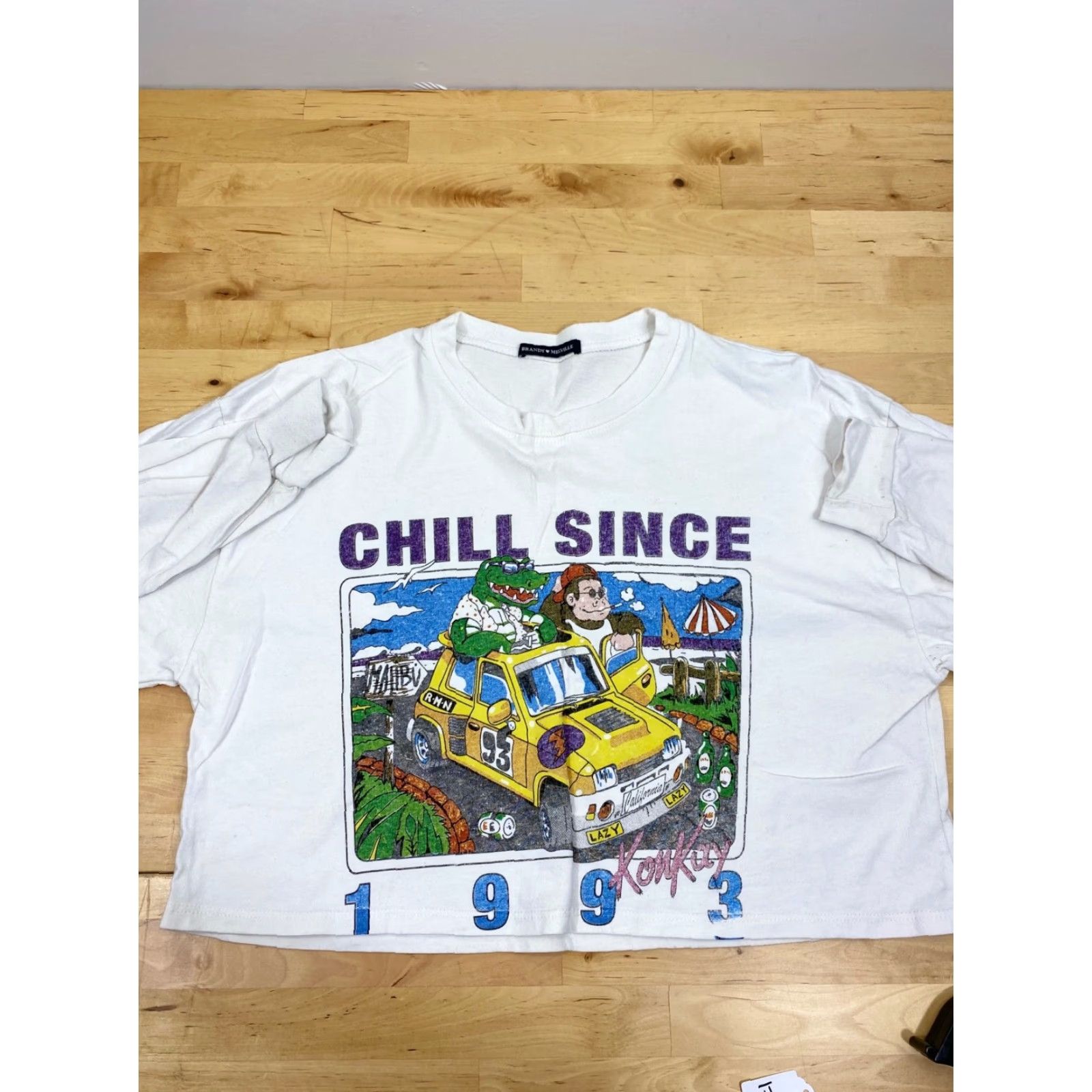 Brandy Melville VINTAGE Brandy Melville Kon Kay Chill Since 1993 Long Sleeve Crop Top Womens 90s T-Shirt White Logo XS? wait size One Size. Size ONE SIZE - 4 Thumbnail