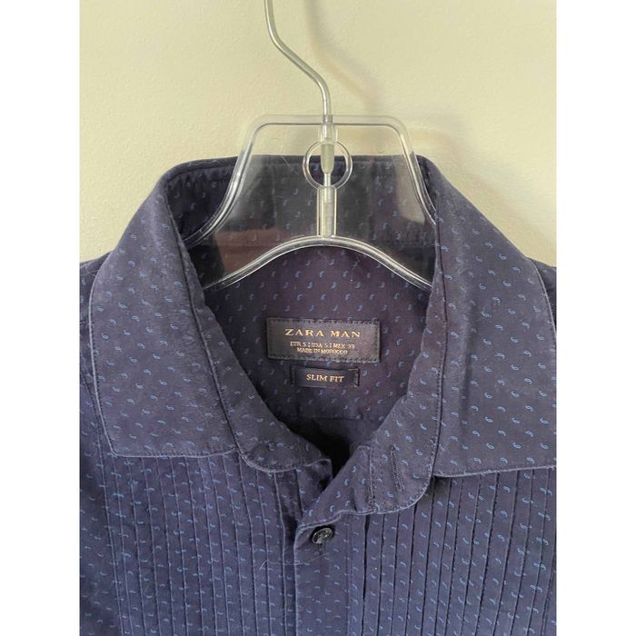 Zara Zara Man Slim Button Down Long Sleeve Shirt Navy Blue Small