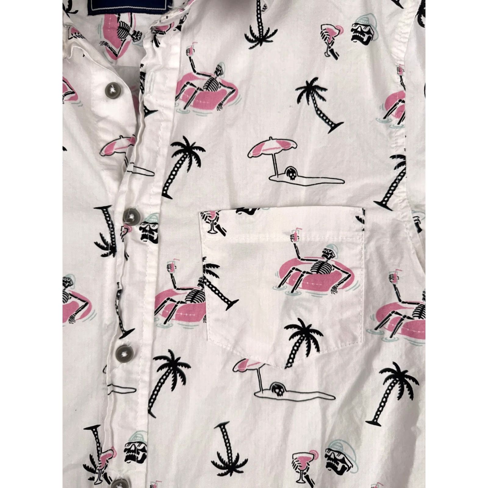 Vintage VSTR Shirt Men Small White Skeleton Cocktail Palm AOP Button-Up 100% Cotton Size US S / EU 44-46 / 1 - 6 Thumbnail