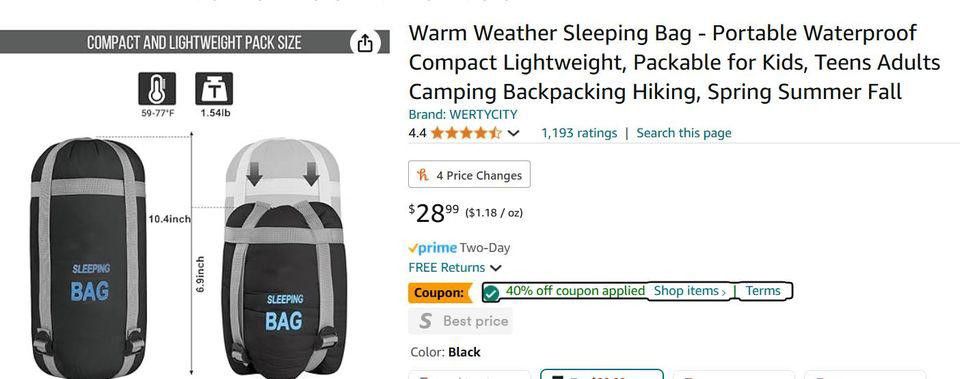 Designer Warm Weather Sleeping Bag - Waterproof Compact Lightweight Size ONE SIZE - 2 Thumbnail